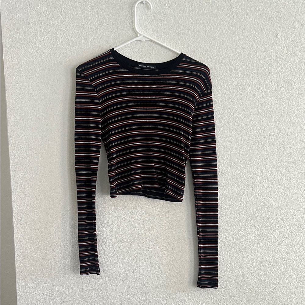 Brandy Melville Black and Pink Striped Long Sleeve Top